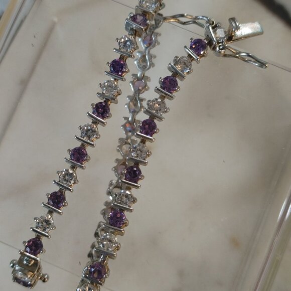 Sterling Silver CZ Bracelet 7 Inches Tennis  Sparkling Purple Clear Stonesn Gift - Picture 11 of 12